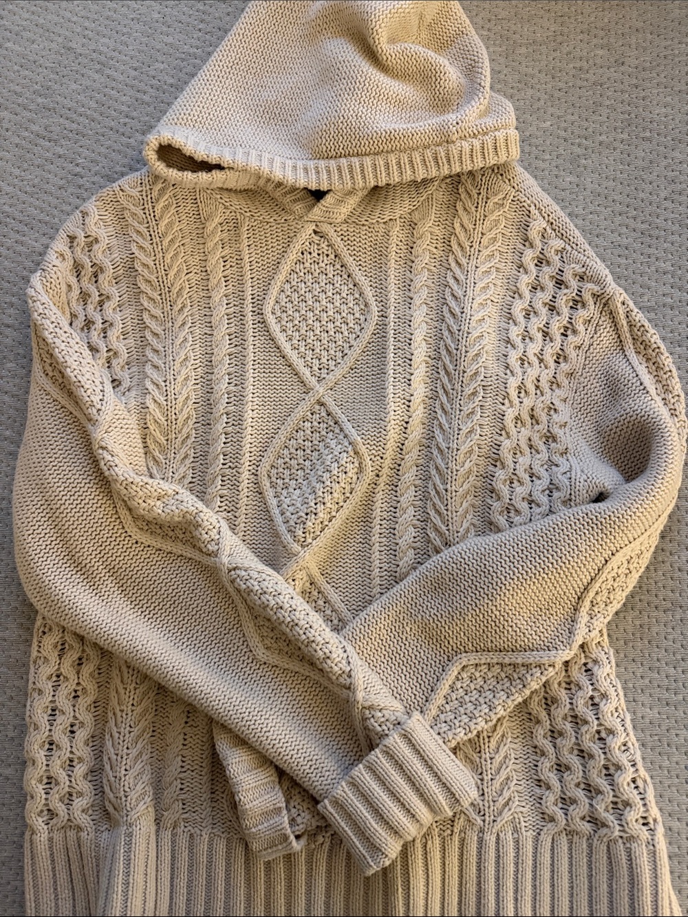 Hooded Cable Knit Sweater - Beige